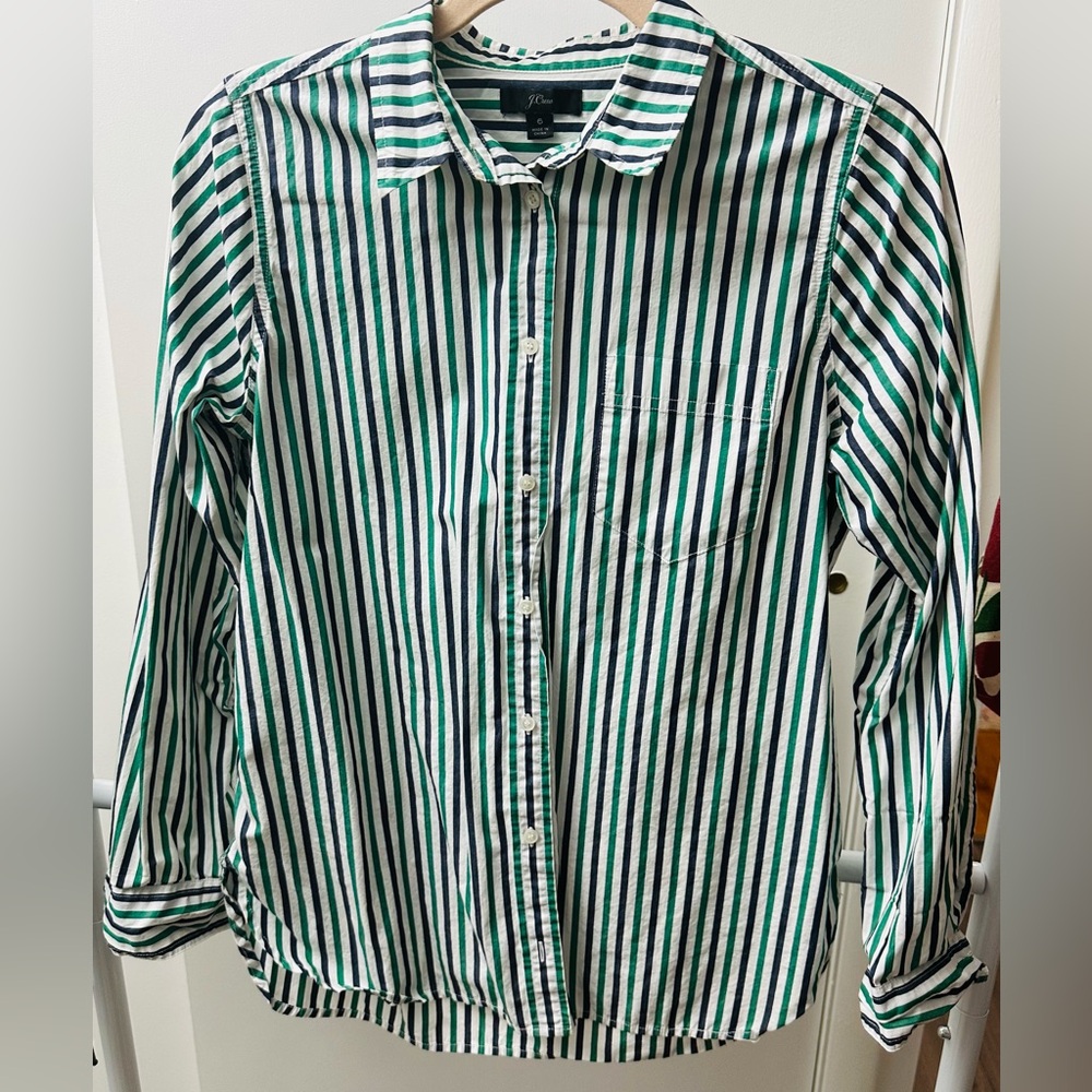 J. Crew Men's Green and White Striped Shirt